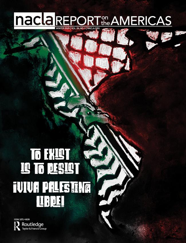 Cover of NACLA special issue on Palestine, artwork of a map of Abya Yala covered in a kuffiyeh